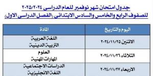 جدول امتحانات شهر نوفمبر لـ الصف الخامس الابتدائي.. تعليم الجيزة تكشف