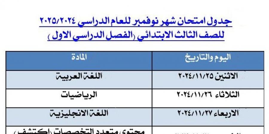 جدول امتحان شهر نوفمبر لتلاميذ الصف الثالث الابتدائى فى الجيزة