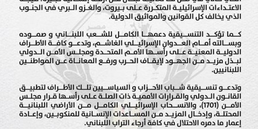 التنسيقية تطالب المجتمع الدولي بالتدخل لإيقاف الحرب ورفع المعاناة عن الشعب اللبناني