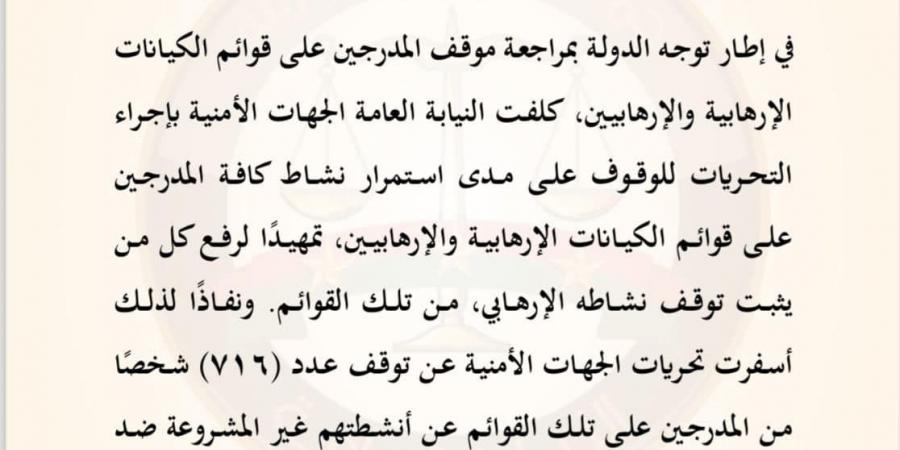 النيابة العامة: رفع أسماء 716 شخصا من قوائم الإرهاب